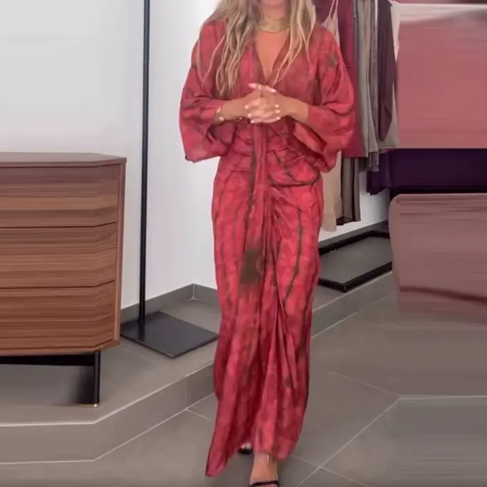 Manches chauve-souris plissées décontracté femmes robe longue Vintage imprimé col en v