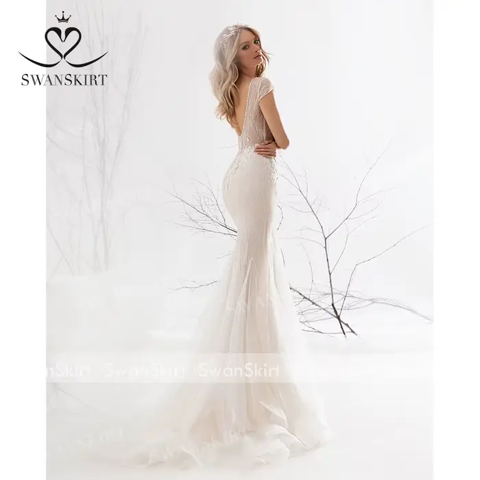 Robe De mariée sirène, col en v, sans manches, perlée, dos nu, personnalisée, SwanSarah UZ65, robe De soirée, 2025