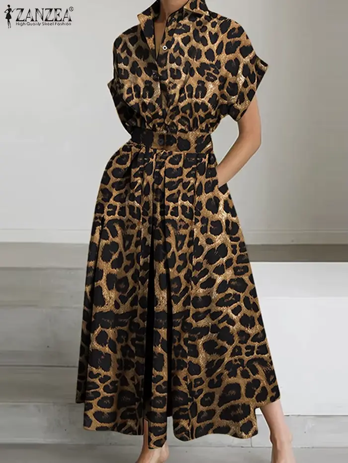 Robe léopard ZANZEA pour femme, polyester, coupe moderne, col rabattu, motifs léopard, occasion bureau et soirée
