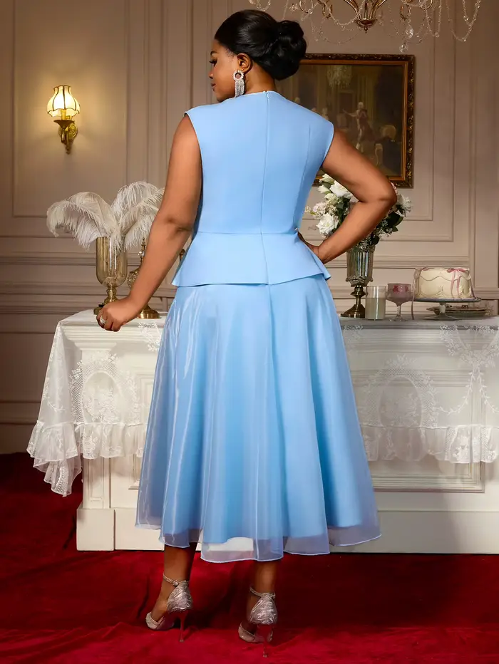 Robe bleue élégante en polyester une ligne tulle 3D fleur col en V peplum pour femmes grandes tailles occasions spéciales mariage soirée de gala