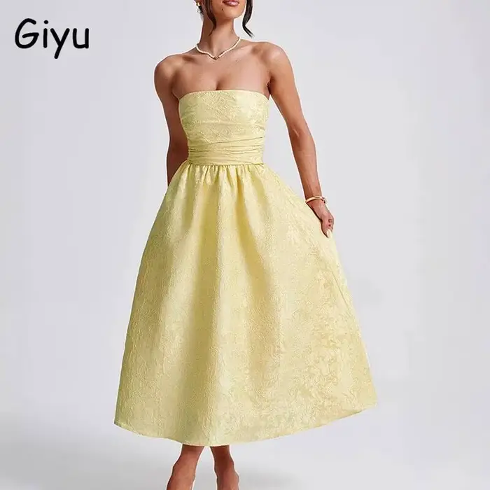 Robe Giyu en polyester jacquard à motifs fleurs pour femmes - style sexy et club - sans manches - mi-mollet - été 2025