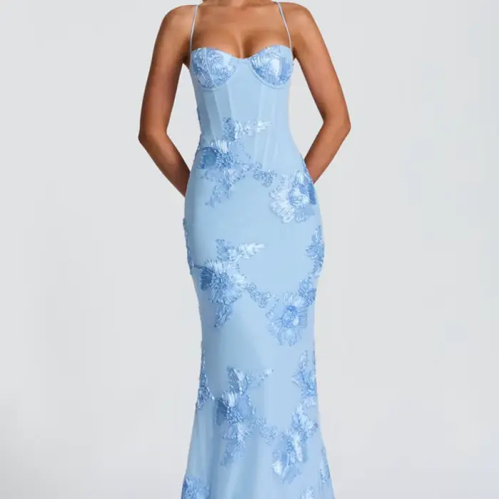 Robe de soirée ornée de fleurs pour femme junior élégante sans manches col en V polyester ajustée occassions spéciales printemps été