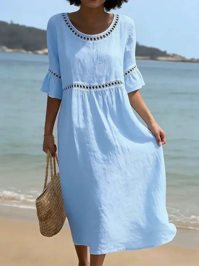 Robe en lin brodée à la française, robe midi ample à manches courtes à volants pour les vacances à la plage
