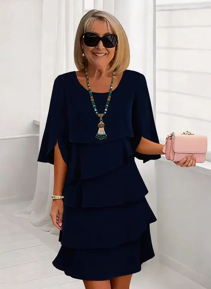 Robe mi-longue élégante en polyester ample et col rond pour femmes occasions spéciales été