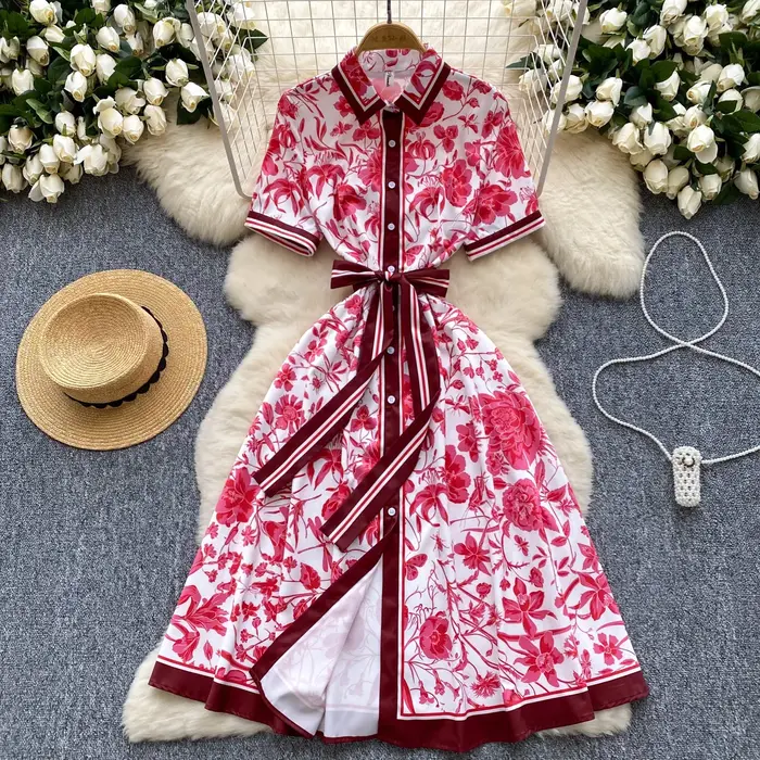 Robe d'été chic européenne pour femmes, imprimé, col rabattu, manches courtes, robe trapèze à lacets, occassions spéciales et quotidiennes