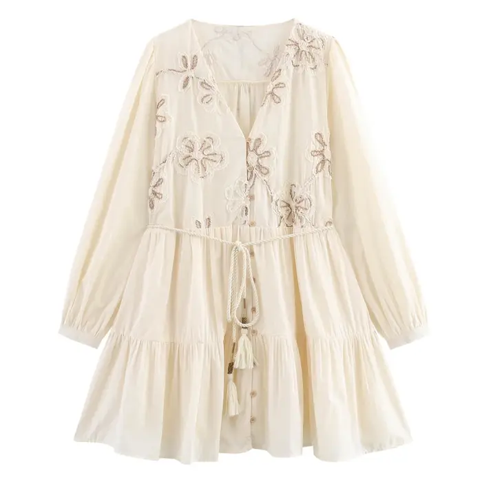 Robes pour femmes, beige, manches longues, robes courtes, nouvelle collection printemps 2026, mode féminine, vestidos décontractés, robe de fête mini brodée de fleurs