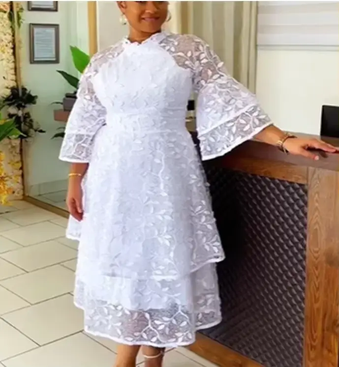 Robes en dentelle blanche pour femmes, élégantes, pour invitées de mariage, col rabattu, manches bou