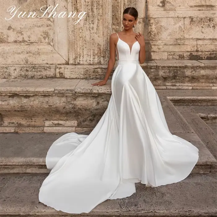 Yunshang-Robes de mariée A-ligne personnalisées, col en V, dos ouvert, bretelles spaghetti, satin, s