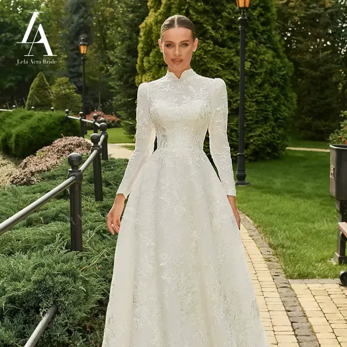 Robe de mariée musulmane 2026 à manches longues Appliques a-ligne classique princesse