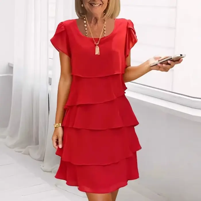 Robe d'été à manches courtes pour femmes élégante couleur unie mini droite col rond polyester pour occasions estivales décontractées