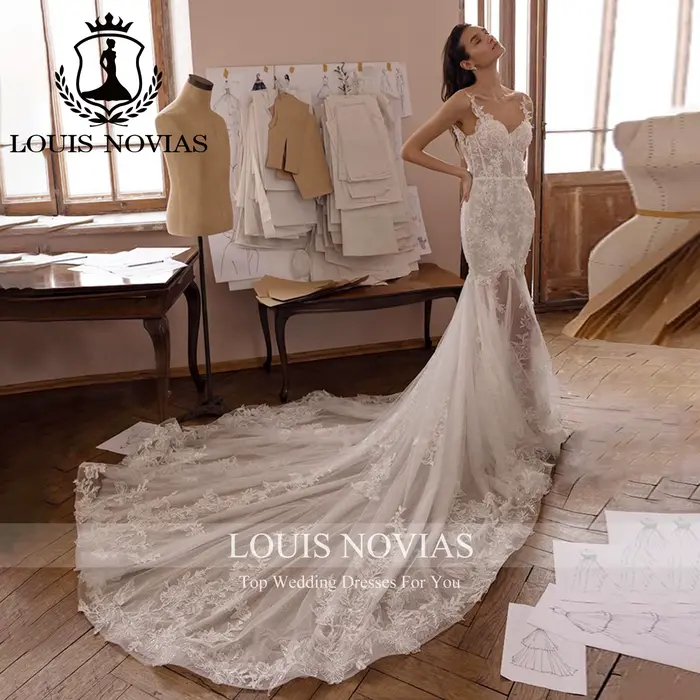 LOUIS NOVIAS robe De mariée sirène bretelles Spaghetti chérie Appliques Champagne dentelle Sexy