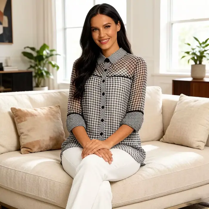 Robe chemise à carreaux vichy noire et blanche décontractée pour femmes grandes tailles printemps automne occassions décontractées
