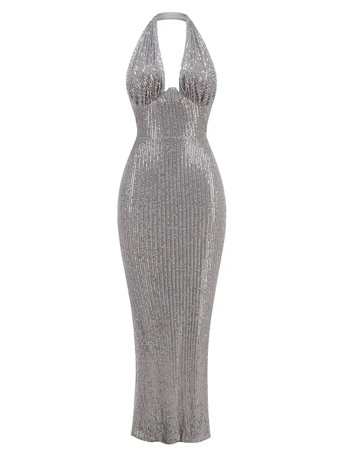 Robe longue à paillettes sans manches pour femmes, col en V, dos nu, polyester brillant, soirée, mariage, gala