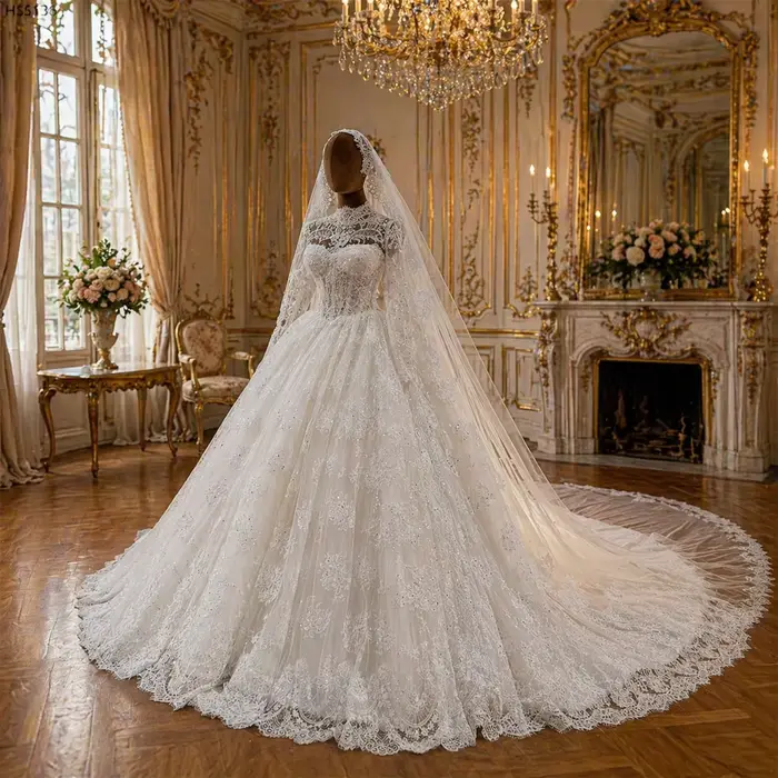 Robe de mariée élégante en dentelle perlée à manches longues et col montant