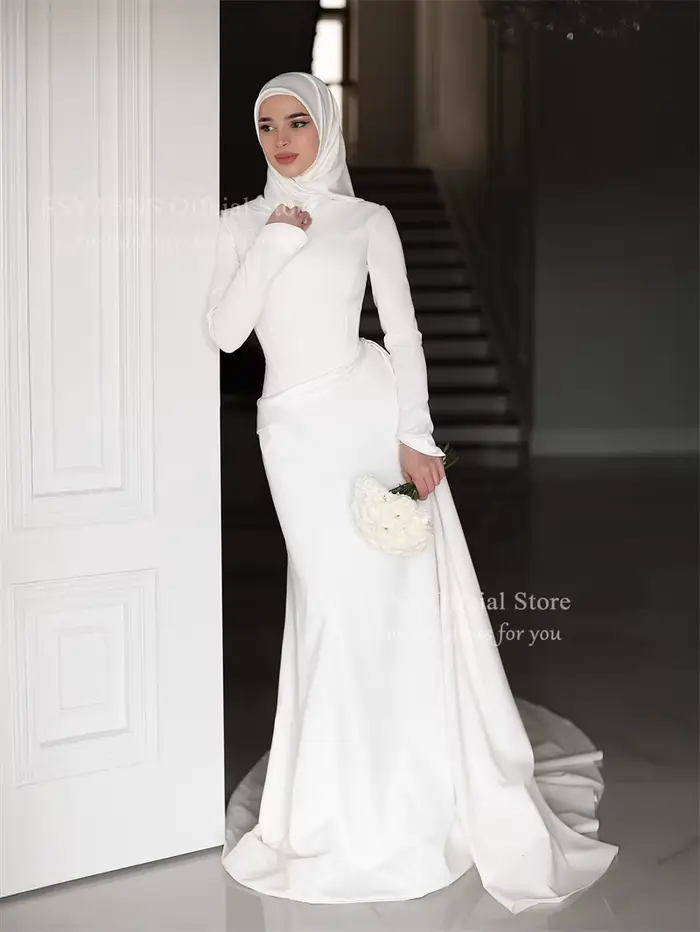 Robe de mariée musulmane SSYTENS sirène/trompette col montant voile personnalisable pour cérémonie de mariage et occasions spéciales