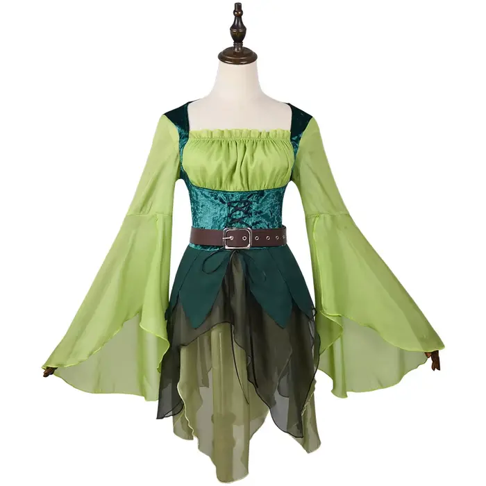 Robe de fée verte médiévale pour femmes, robe elfe magique et ceinture avec ailes, Costumes fantaisie de spectacle de fête Cosplay d'halloween