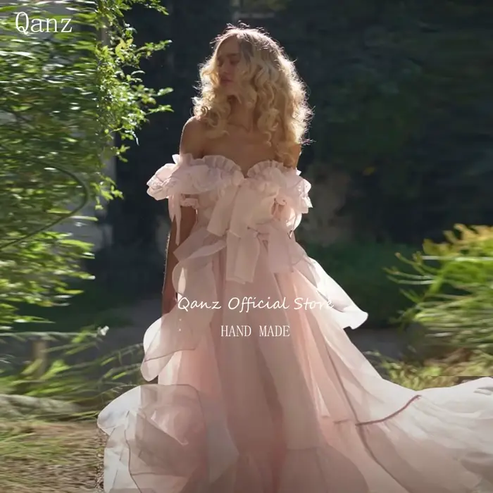 Robes de soirée Qanz en organza rose, épaules dénudées, volants, Vestidos De Fiesta Elegantes, longu