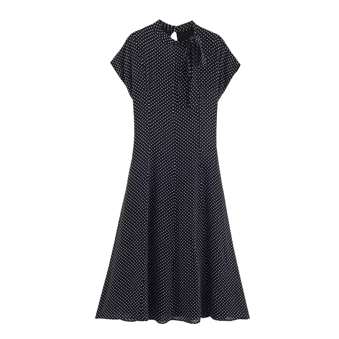 Robe Femme 2026 Nouvelle Collection Printemps-Été – Robe Midi Noire à Pois Chic et Tendance pour Fem