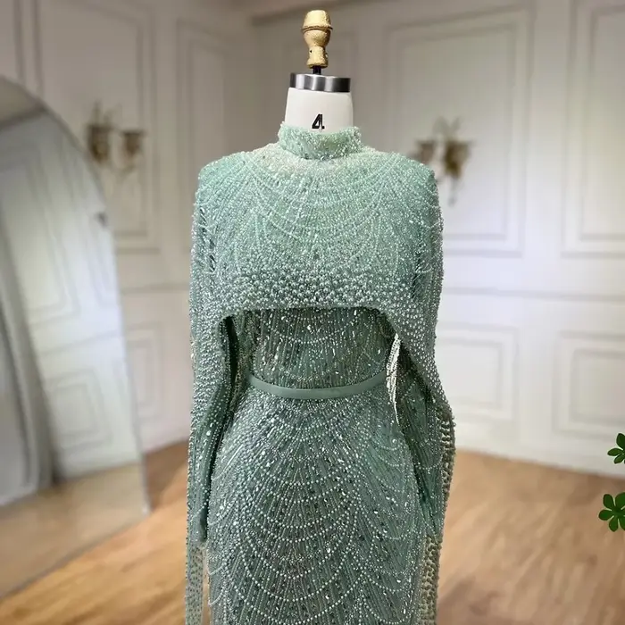 Robe de soirée Serene Hill personnalisée avec hijab, vert sauge, perles, soirée officielle, longueur au sol, silhouette sirène, train de la couronne, soutien-gorge intégré, cape amovible, polyester, tulle, toutes occasions spéciales