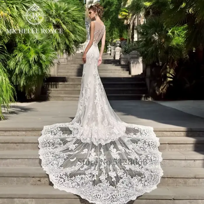 Michelle Royce sirène robes De mariée Sexy chérie Illusion Appliques bouton chapelle Train