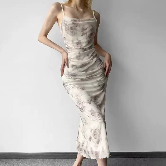 Robes mi-longues plissées à bretelles spaghetti pour femmes, style français, imprimé floral élégant,