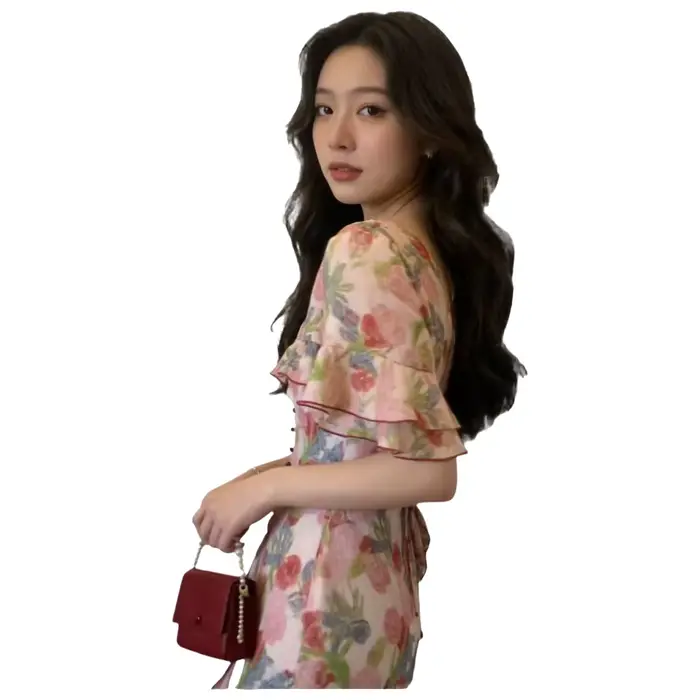 Robe longue à imprimé floral élégante et décontractée pour femmes, coupe cintrée, jupe évasée, col en V, manches courtes, saison printemps été