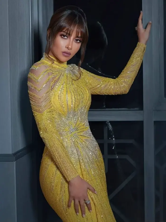 Robe de soirée longue pour femme style arabe sirène en tulle avec perles et pailletés manches longues luxe pour mariage et événement spécial