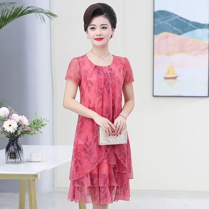 Robe d'été décontractée à manches courtes col rond imprimé floral volants cascade silhouette robe de bal pour femmes occasions spéciales
