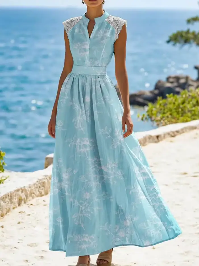 Robe longue de vacances élégante en dentelle patchwork sexy, col en V sans manches, plissée, pour femme, imprimée, avec laçage à la taille, pour soirée