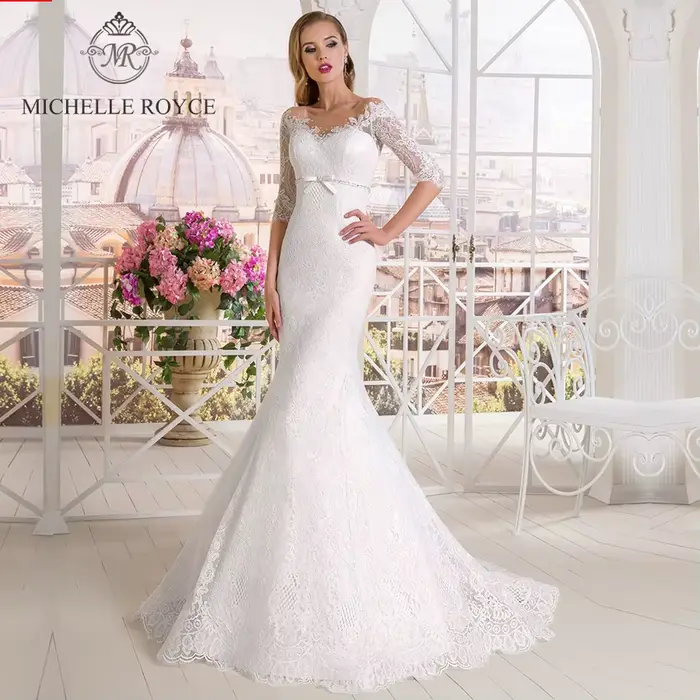 Michelle Royce robes De mariée sirène col en v Appliques Empire ceintures nœud bouton Court Train