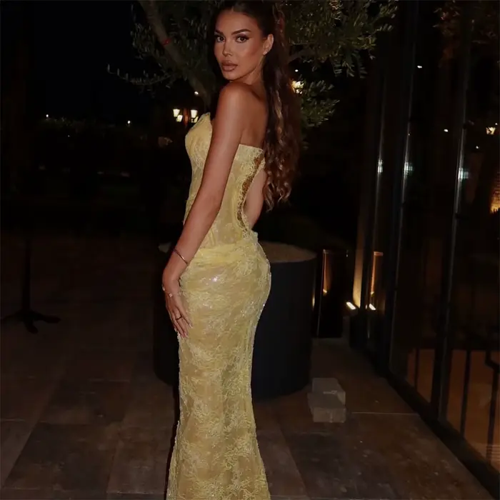EDECPBM Robes De Soirée En Dentelle Jewelry IyontosVestidos De Festa Personnalisé Jaune Sirène Belles