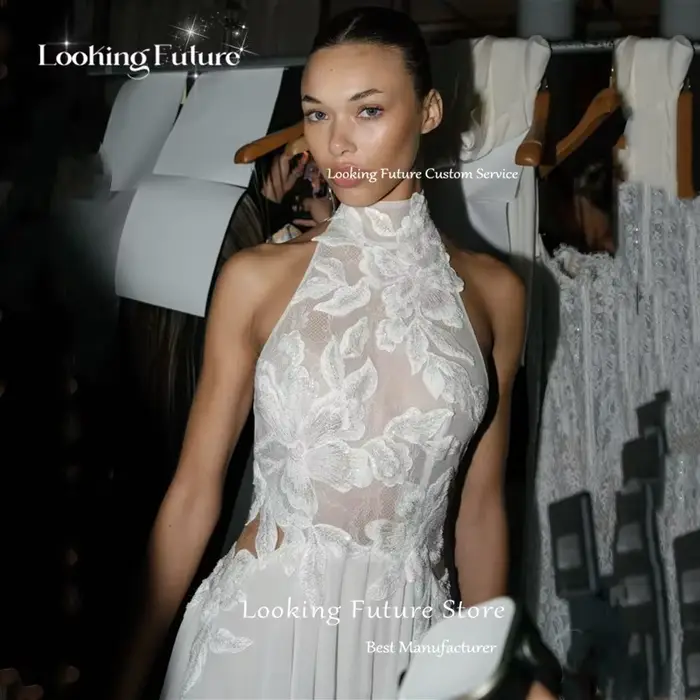 Robe de Mariée Blanche Moderne en Mousseline Ligne A avec Dentelle Sur Mesure pour Femme Simple Col Halter Plis