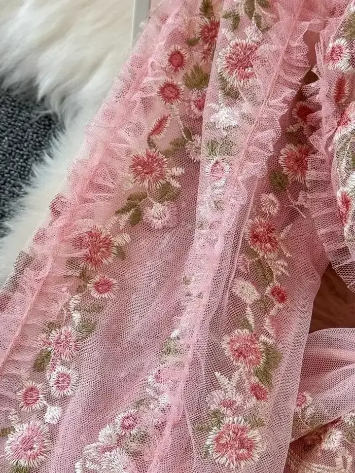 Douce fée magnifique fleur broderie cascade volants gâteau Robe femmes col en V rose maille Tulles soirée