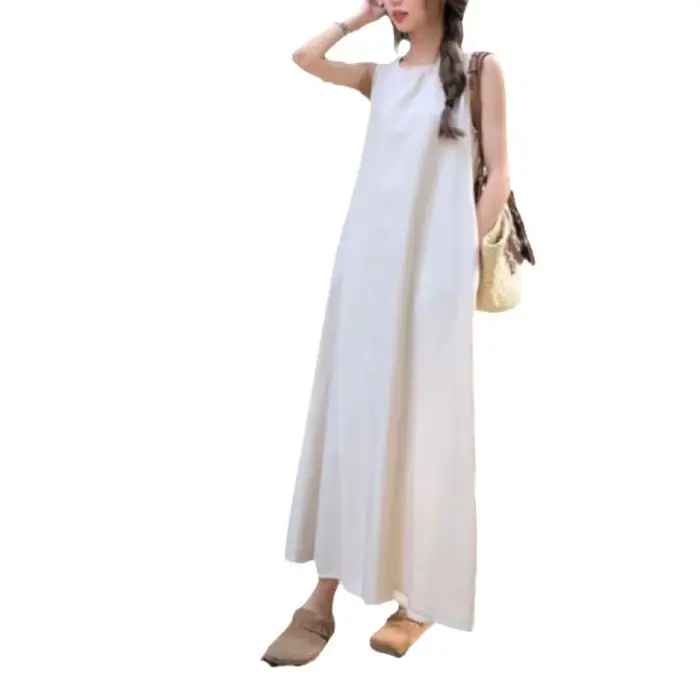 Robe longue de plage sans manches et dos nu pour femme, coupe ample, blanche, en fibre de polyester, col rond, jupe trapèze pour les vacances d'été occasions spéciales