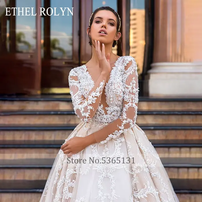 ETHEL ROLYN robes De mariée De luxe pour les femmes perlée dentelle Appliques Sexy col en v profond princesse