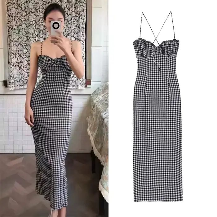 Robe midi élégante à carreaux pour femme printemps été sans manches large bretelles occassions spéciales femmes occasions hipseam polyester
