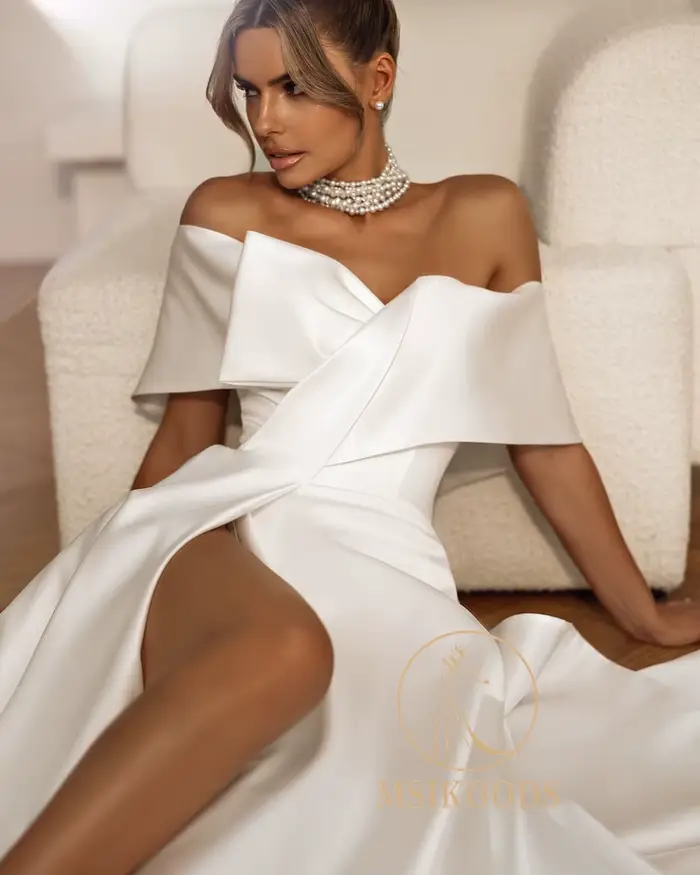 Robe de mariée moderne en satin Msikoods 2026 épaules dénudées sexy fente haute simple et élégante pour femmes occasions spéciales