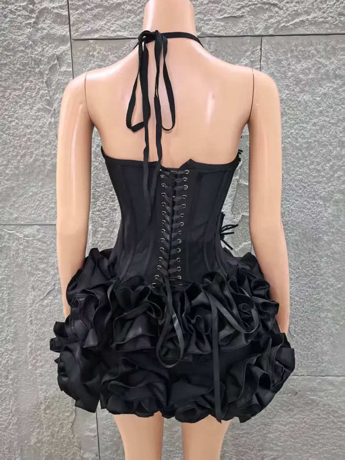 2025 nouvelle couleur noire femmes Sexy bretelles fleurs 2 pièces moulante Mini robe de pansement célébrer discothèque fête Bar chanteur porter
