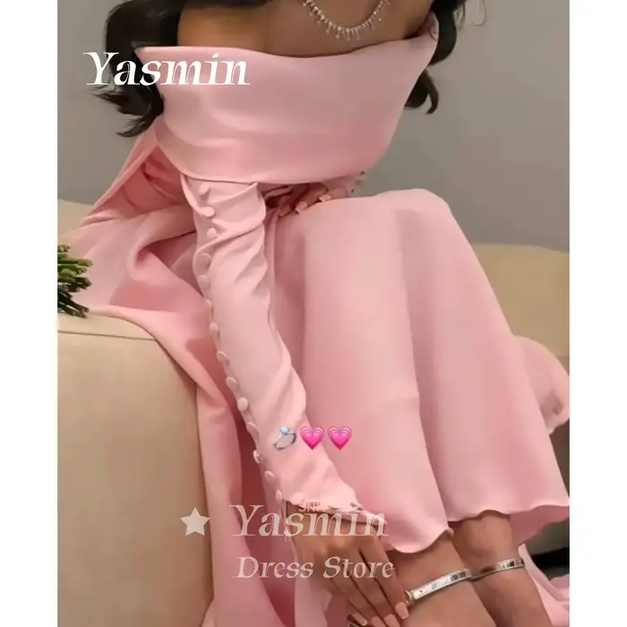 Robe de soirée rose modeste pour femmes saoudiennes, robe de bal à épaules dénudées, manches longues