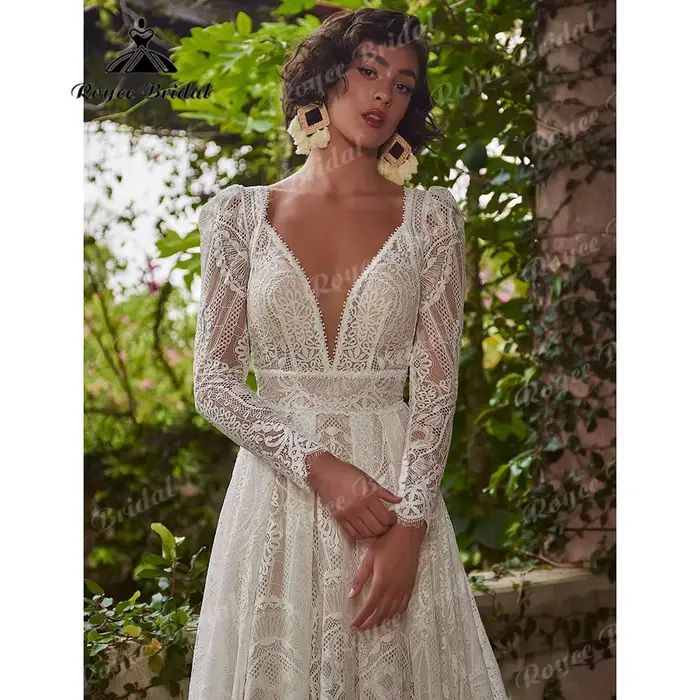 Robe de mariée en dentelle bohème à manches longues pour femmes