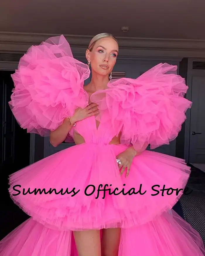 Robe de bal longue en tulle rose à plusieurs niveaux col en V profond haut bas pour occasions spéciales sexy concours personnalisable