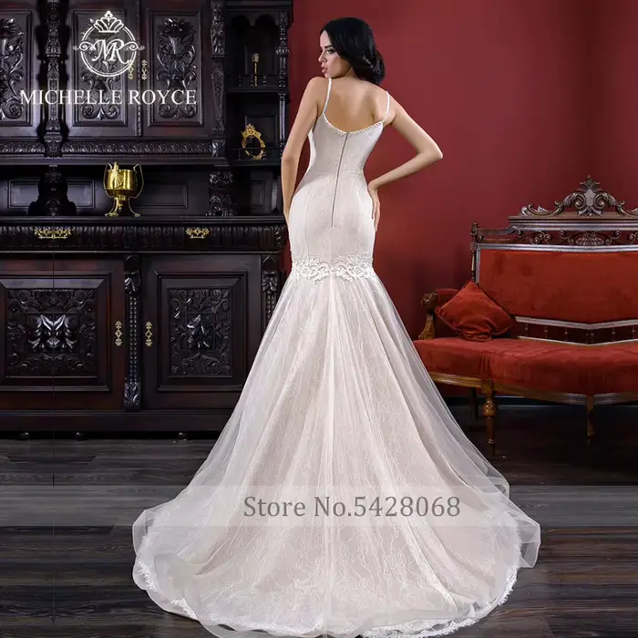 Michelle Royce sirène robes De mariée Sexy chérie bretelles Spaghetti Appliques fermeture éclair Court Train robe De mariée Vestido De Novia