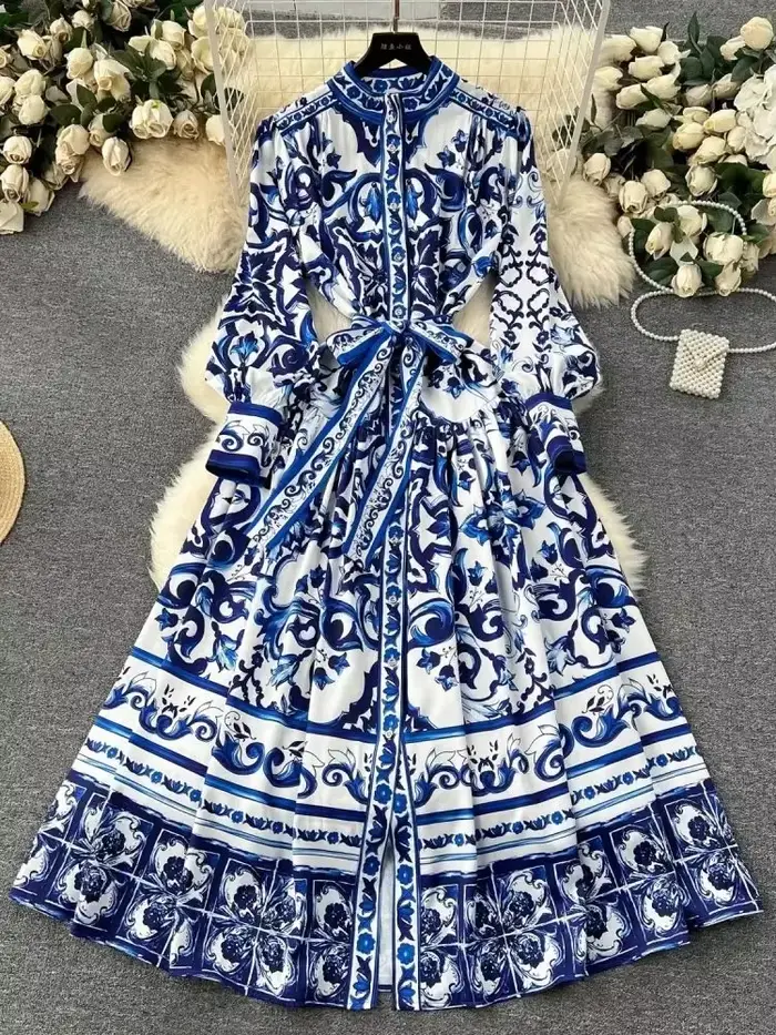 Robe longue vintage à manches longues pour femmes, robes maxi imprimées, robe bandage taille haute, 