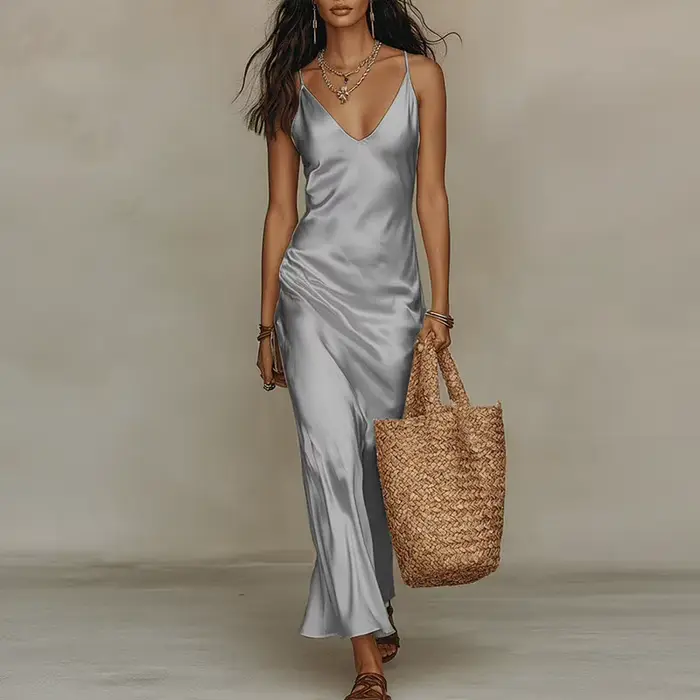 Nouvelle Robe Longue Maxi Femme Été Bohème Plage Col V Profond Sexy en Satin Uni Sans Manches Évidée pour Vacances