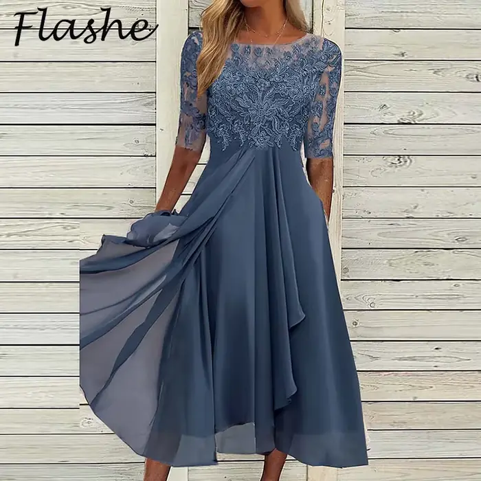 Robe de soirée en dentelle à col rond pour femmes