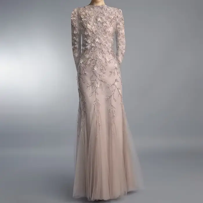 Robe Sirène Élégante à Fleurs en Tulle, Tenue de Soirée Longue Brodée, Col Rond, Manches sulf