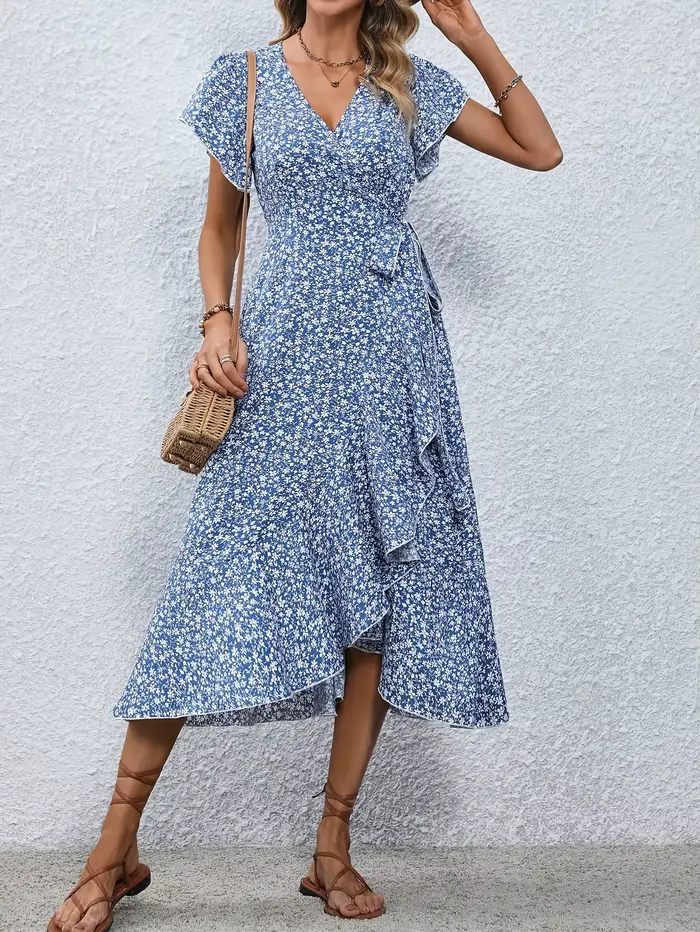 Robe d'été pour femmes, sexy, col en V, manches courtes, taille haute irrégulière, à lacets, imprimé floral, robes de plage décontractées