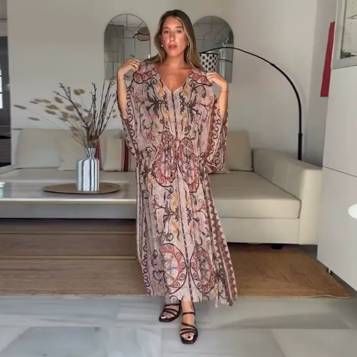 Robe longue décontractée pour femme, imprimée vintage, col en V, manches chauve-souris, taille cintr