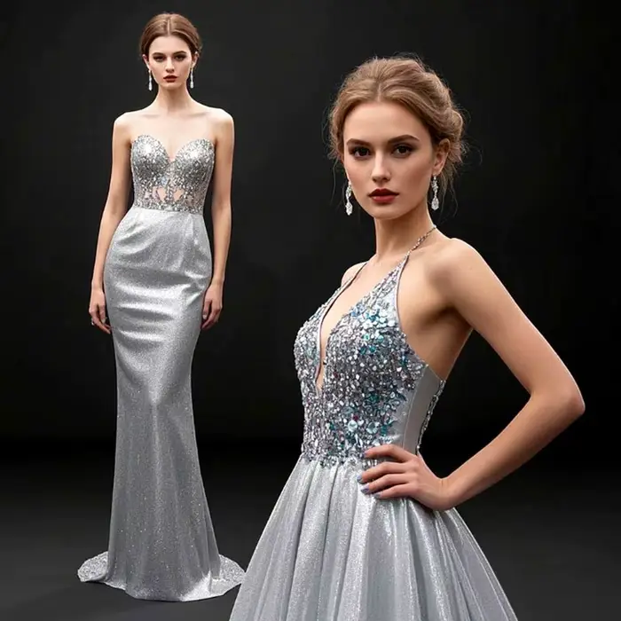 Robe de mariée VIP MYMB MAKE YOU MY BEST élégante en soie et cuir pour femmes 25-34 ans occasions spéciales tricoter haut décolleté beige au sol