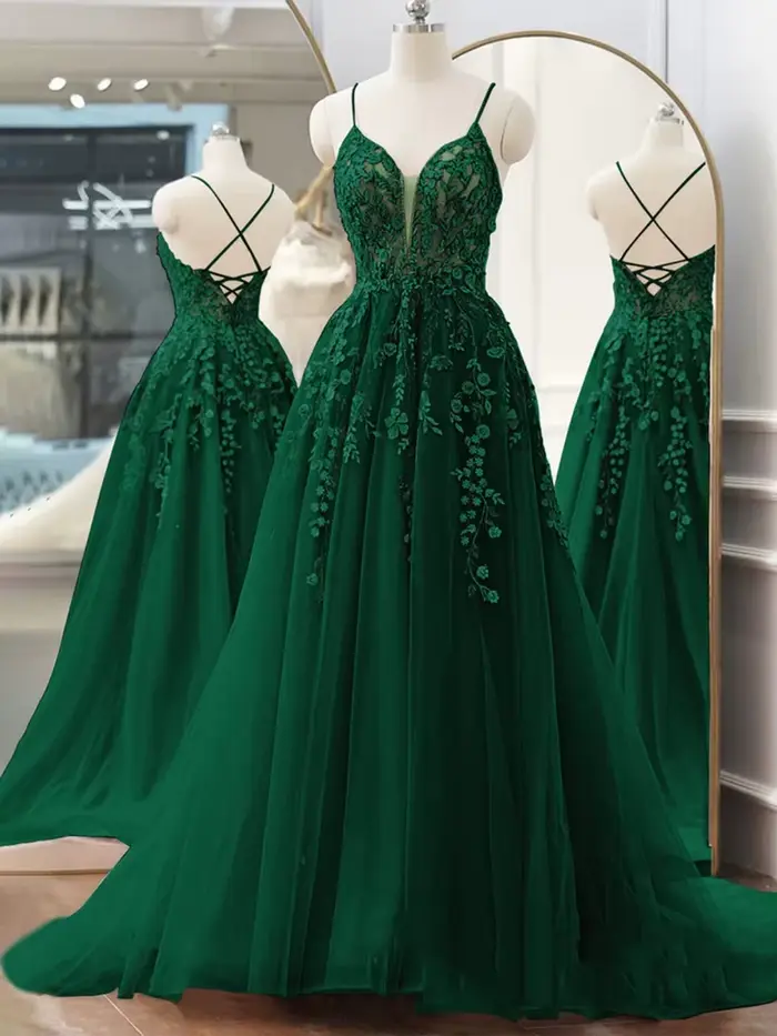 Robe de Bal Verte avec Appliques en Dentelle